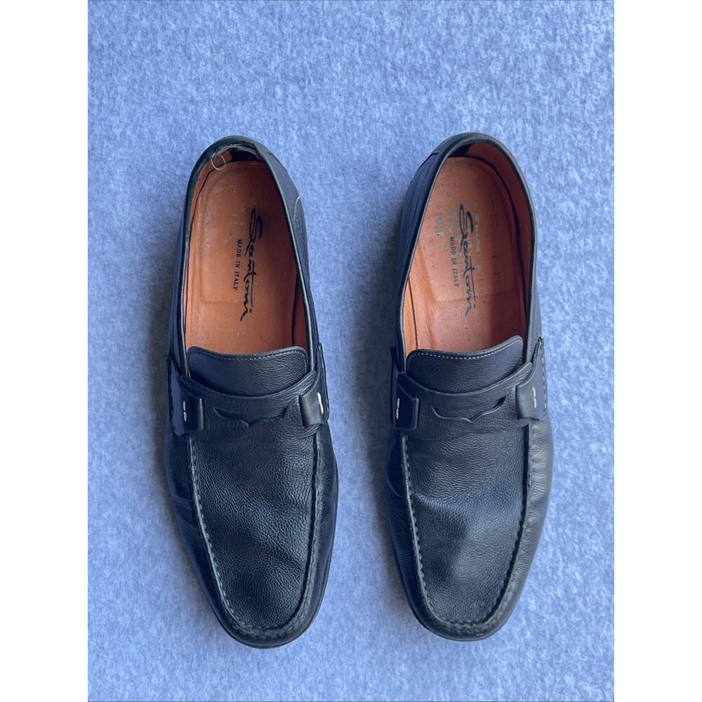 Santoni Black Leather Penny Loafers Men's 12 D Made in Italy
